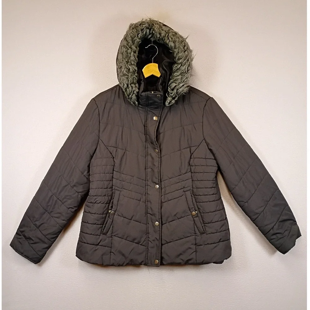 Winter Chic Maralyn & Me Women XL Grey Quilted Faux Fur Hood Puffer Jacket Coat